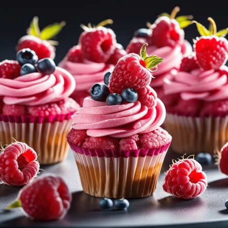 Cupcakes with raspberry and blueberry on a black background.の素材