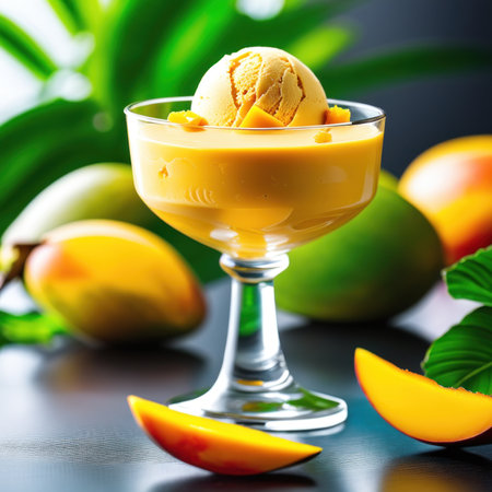 Mango ice cream in a glass with fresh mango fruits on the tableの素材