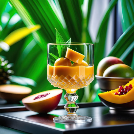 mango ice cream in a glass on a table with tropical fruitsの素材