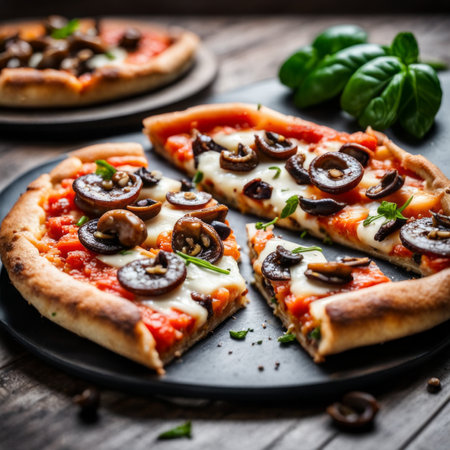 Pizza with mozzarella, tomato and mushrooms on wooden backgroundの素材