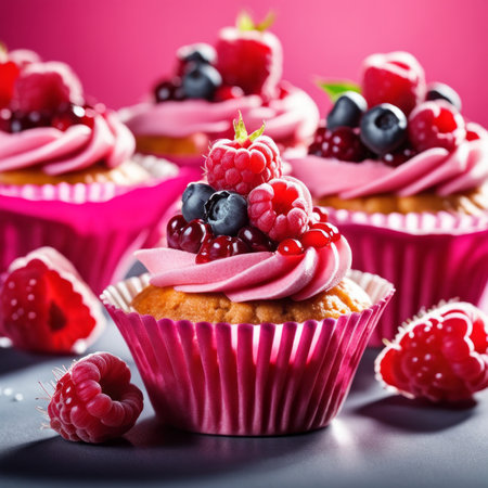 Homemade cupcakes with fresh berries on a dark background. Selective focus.の素材