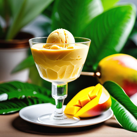 Mango ice cream in a glass on a wooden background. Selective focus.の素材