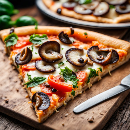 Pizza with mushrooms and cheese on a wooden board. Selective focus.の素材
