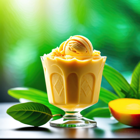 Mango ice cream in a glass on a background of green leavesの素材