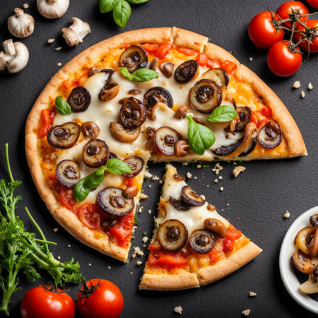 Pizza with mushrooms, tomatoes and cheese on a black background.の素材