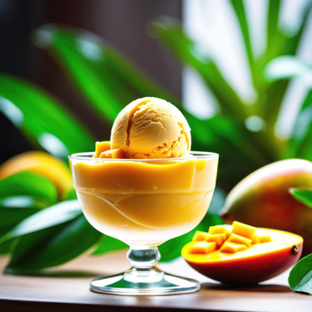 Mango ice cream in a glass with fresh mango fruits and leavesの素材