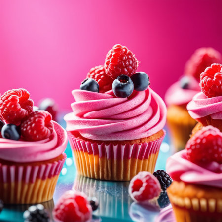 Cupcakes with fresh raspberries and blueberries on a pink backgroundの素材