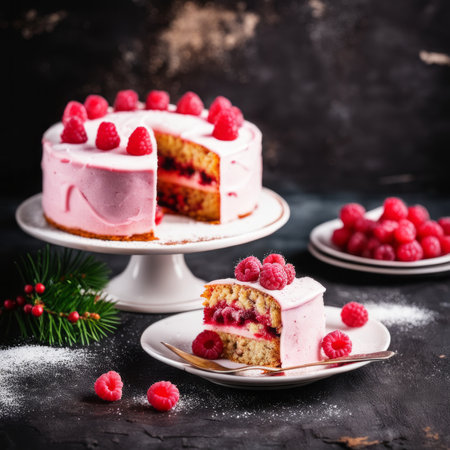 Piece of raspberry cake with fresh raspberries, selective focusの素材