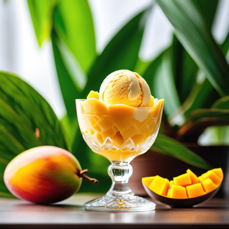 Mango ice cream in a glass with fresh mango on the backgroundの素材