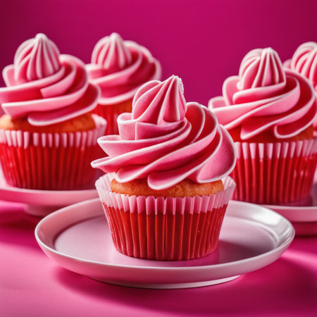 Pink cupcakes with pink frosting on plate on pink background.の素材