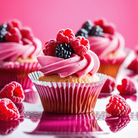 Cupcakes with fresh raspberries and blackberries on a pink background.の素材