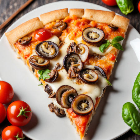 Pizza with mushrooms, cheese and tomatoes on a wooden table.の素材