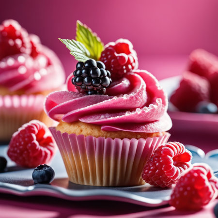 Delicious cupcake with fresh berries on a pink background. Selective focus.の素材