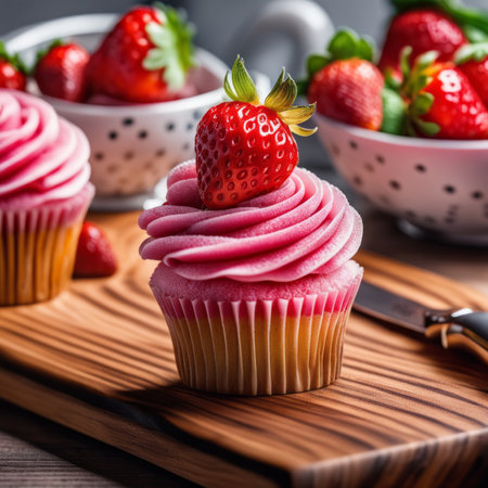Strawberry cupcakes on a wooden board, selective focus.の素材