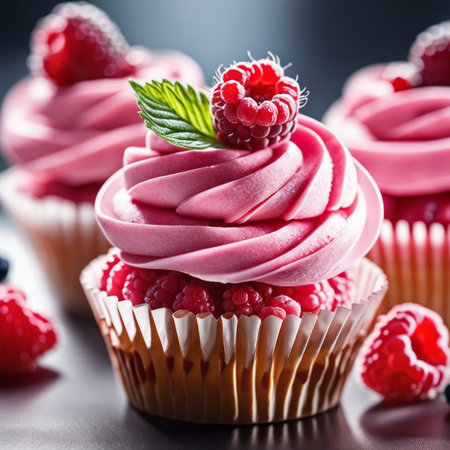 Cupcakes with fresh raspberries and mint on a black backgroundの素材