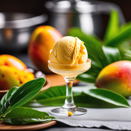 Mango ice cream in a glass on a dark background. Selective focus.の素材