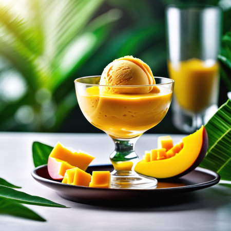 Mango ice cream in a glass with mango slices and mango cubesの素材