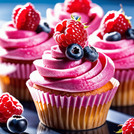 Cupcakes with berries on a blue background. Selective focus.の素材