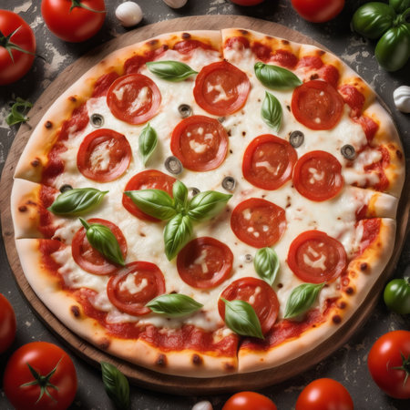 Pizza Margherita with mozzarella cheese, tomatoes and basilの素材