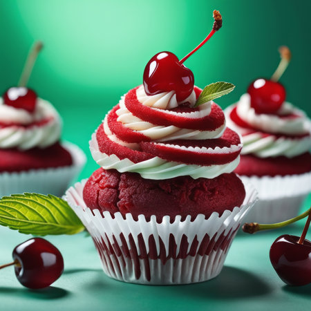 Cupcakes with cherry on green background. Selective focus.の素材