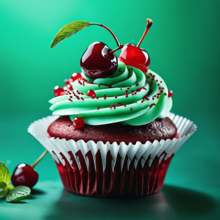 Cupcake with cherry and mint on a green background. Toned.の素材