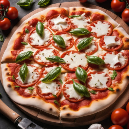 Pizza margherita with mozzarella cheese, tomatoes and basil. Italian cuisineの素材