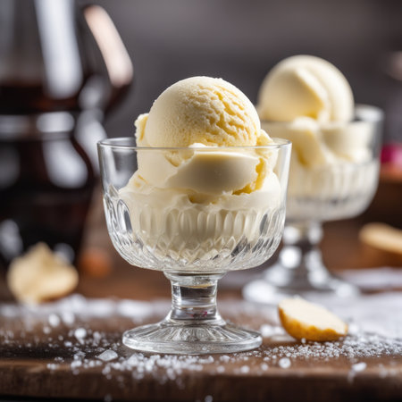 vanilla ice cream in a glass on a wooden background. selective focus.の素材
