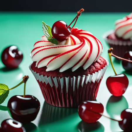 Cupcake with cherry on a green background. toning. selective focusの素材