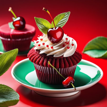 Cupcake with cherries and mint on a red background.の素材