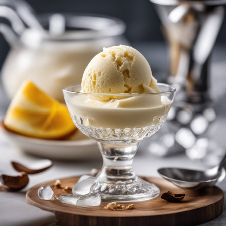 Vanilla ice cream with mango in a glass on a dark backgroundの素材