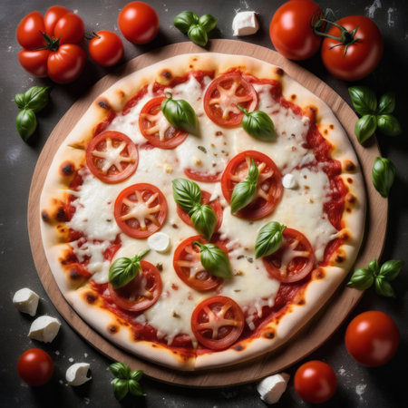 pizza with mozzarella, tomatoes and basil on a black backgroundの素材
