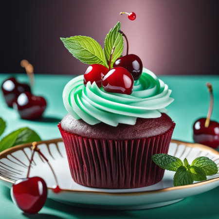 Cupcake with cherries and mint on a green background.の素材