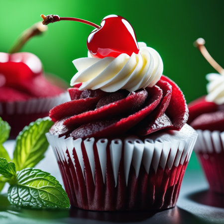 Cupcakes with cherries and mint on a green background.の素材