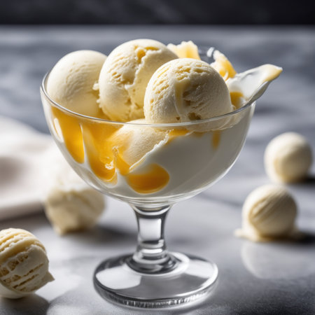 Scoops of vanilla ice cream in a glass bowl on a gray backgroundの素材