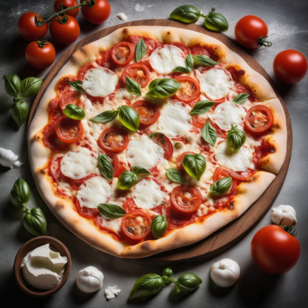 Pizza Margherita with mozzarella cheese, cherry tomatoes and basil on a dark backgroundの素材