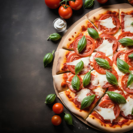 Pizza Margherita with mozzarella, tomatoes and basil on black backgroundの素材