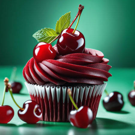 Chocolate cupcake with cherries and mint on a green backgroundの素材