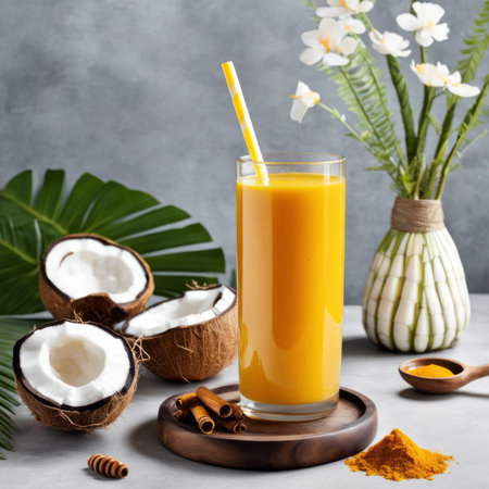 Coconut smoothie in a glass with a straw on a gray backgroundの素材