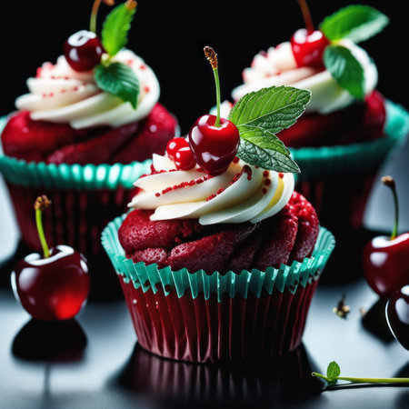 Red velvet cupcakes with cherry and mint on a black background.の素材