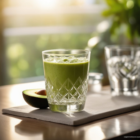 Avocado smoothie in a glass on a wooden table in the gardenの素材