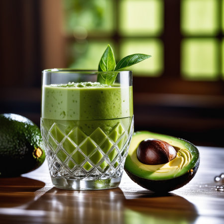 Avocado smoothie in a glass on a wooden table with avocadoの素材