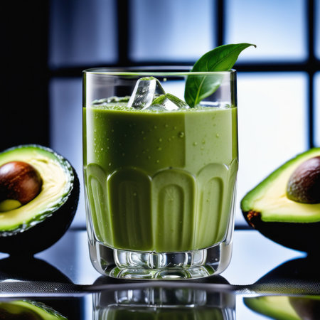 Avocado smoothie in a glass with ice cubes on a black backgroundの素材