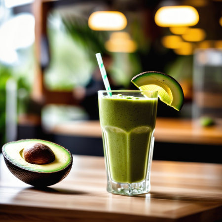 Avocado smoothie on a wooden table in a cafe. Selective focus.の素材
