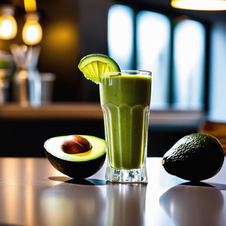 Avocado smoothie in a glass on a table in a cafeの素材