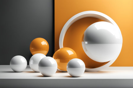 3d render of abstract geometric forms. Minimal composition with white and orange balls.の素材