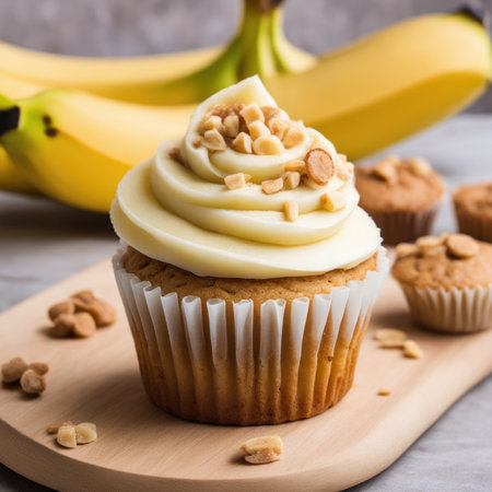 Homemade banana cupcake with peanut buttercream frosting and fresh bananasの素材