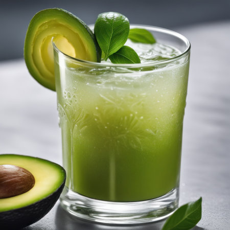 Avocado smoothie in a glass with fresh avocados.の素材