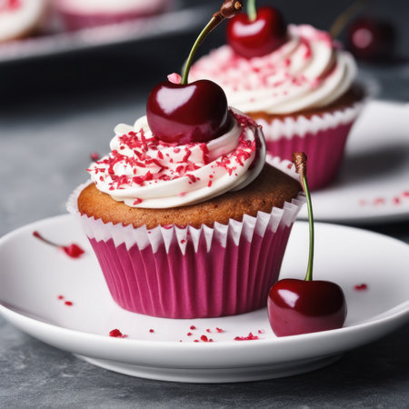 Cupcakes with cherries on a gray background. tinting. selective focusの素材