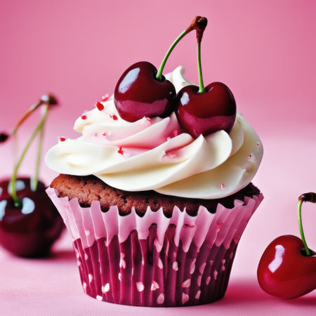 Cupcake with cherries on a pink background. Toned.の素材