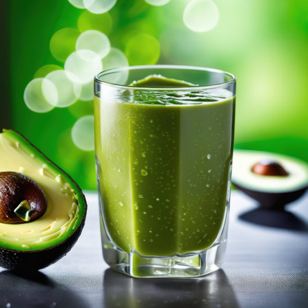 Avocado smoothie in a glass on green bokeh backgroundの素材